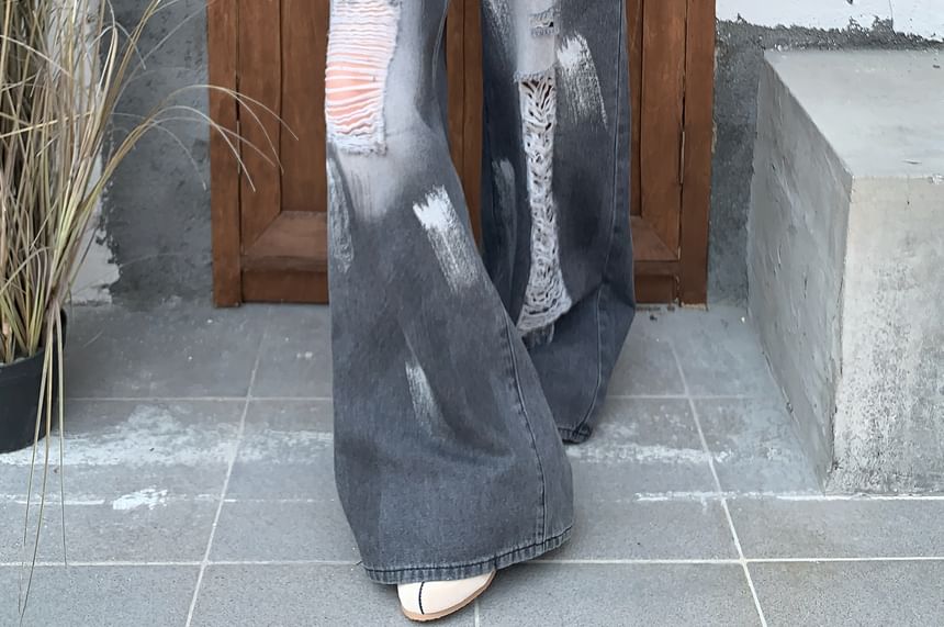 High Waist Splash Print Washed Distressed Wide Leg Jeans