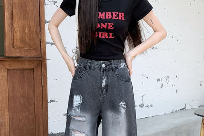 High Waist Splash Print Washed Distressed Wide Leg Jeans