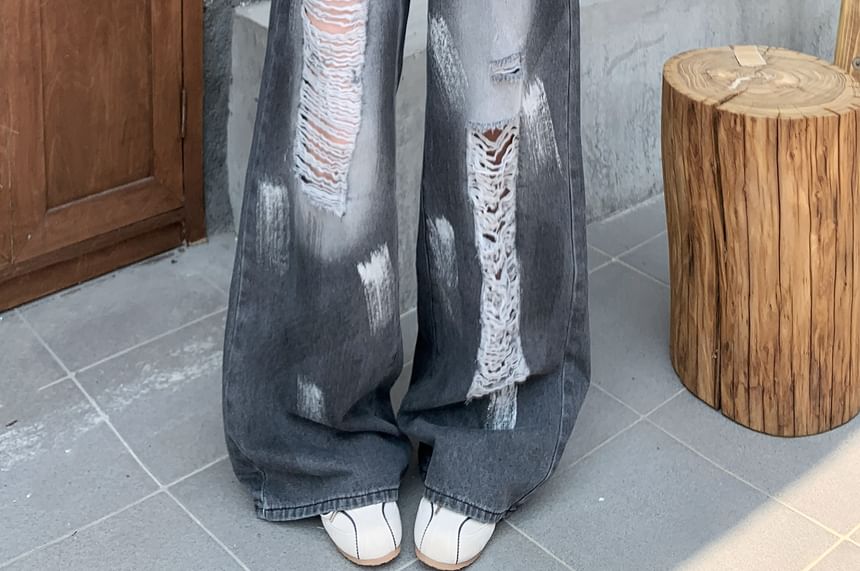 High Waist Splash Print Washed Distressed Wide Leg Jeans