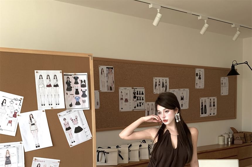 Halter Plain Asymmetrical Mini Bodycon Dress