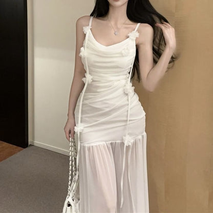 Spaghetti Strap Plain Flower Detail Ruched Side-Slit Maxi Mermaid Dress