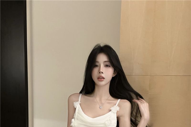 Spaghetti Strap Plain Flower Detail Ruched Side-Slit Maxi Mermaid Dress