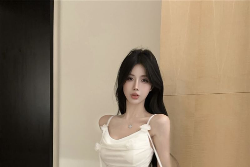 Spaghetti Strap Plain Flower Detail Ruched Side-Slit Maxi Mermaid Dress