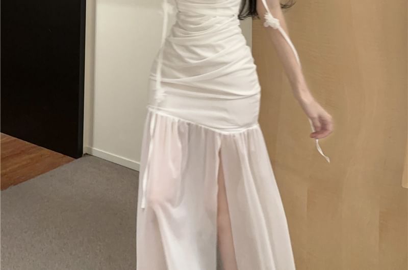 Spaghetti Strap Plain Flower Detail Ruched Side-Slit Maxi Mermaid Dress