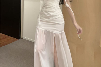 Spaghetti Strap Plain Flower Detail Ruched Side-Slit Maxi Mermaid Dress