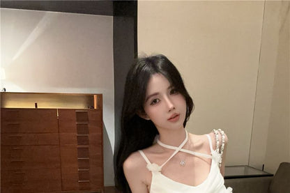 Spaghetti Strap Plain Flower Detail Ruched Side-Slit Maxi Mermaid Dress