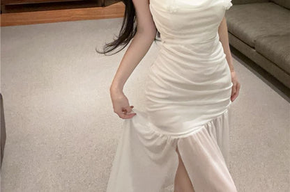 Spaghetti Strap Plain Flower Detail Ruched Side-Slit Maxi Mermaid Dress