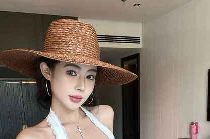 Scoop Neck Plain Bow Lace Trim Cropped Halter Top