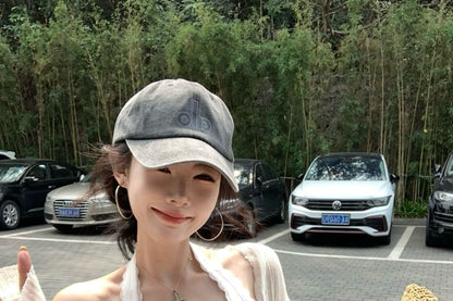 Scoop Neck Plain Bow Lace Trim Cropped Halter Top