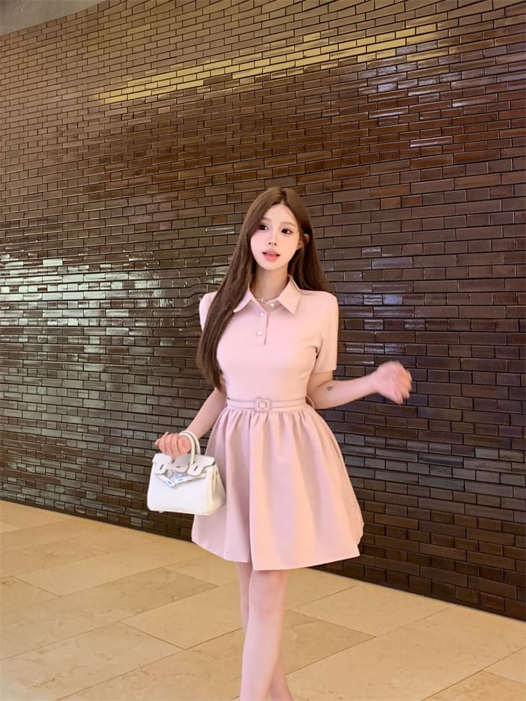 Short-Sleeve Collar Plain Mini A-Line Dress