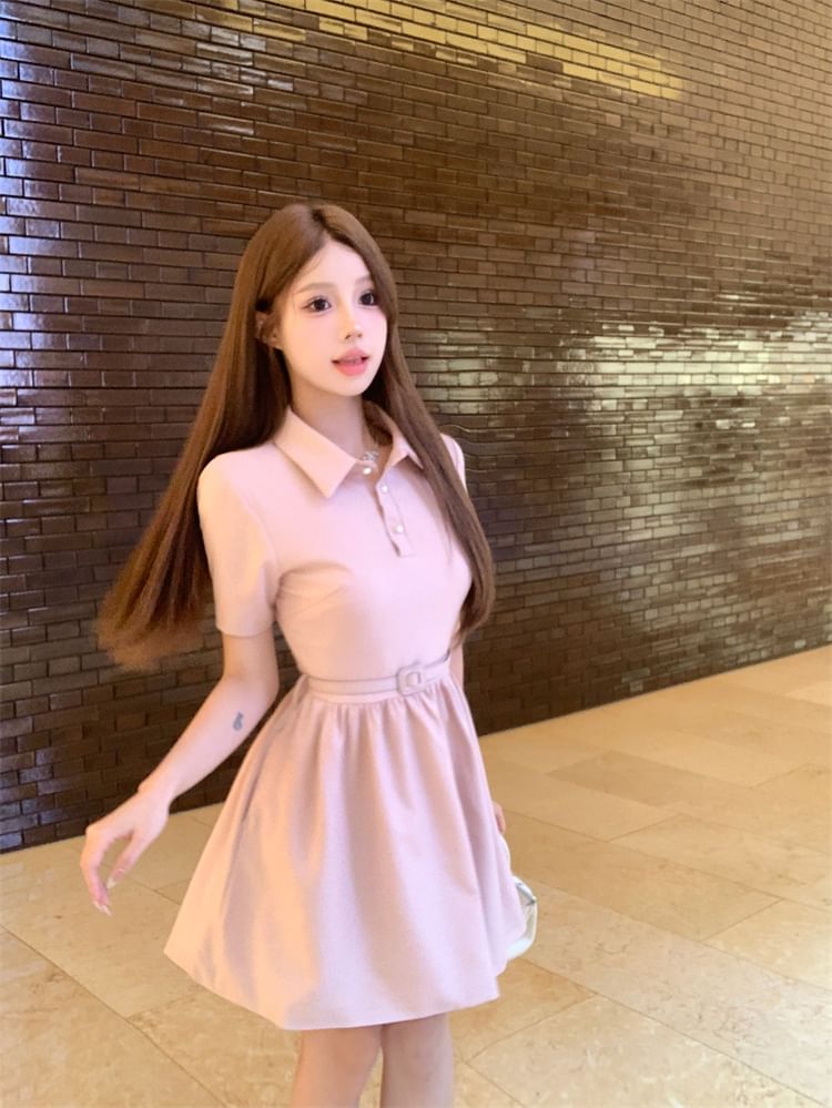 Short-Sleeve Collar Plain Mini A-Line Dress