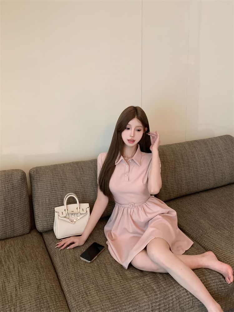 Short-Sleeve Collar Plain Mini A-Line Dress
