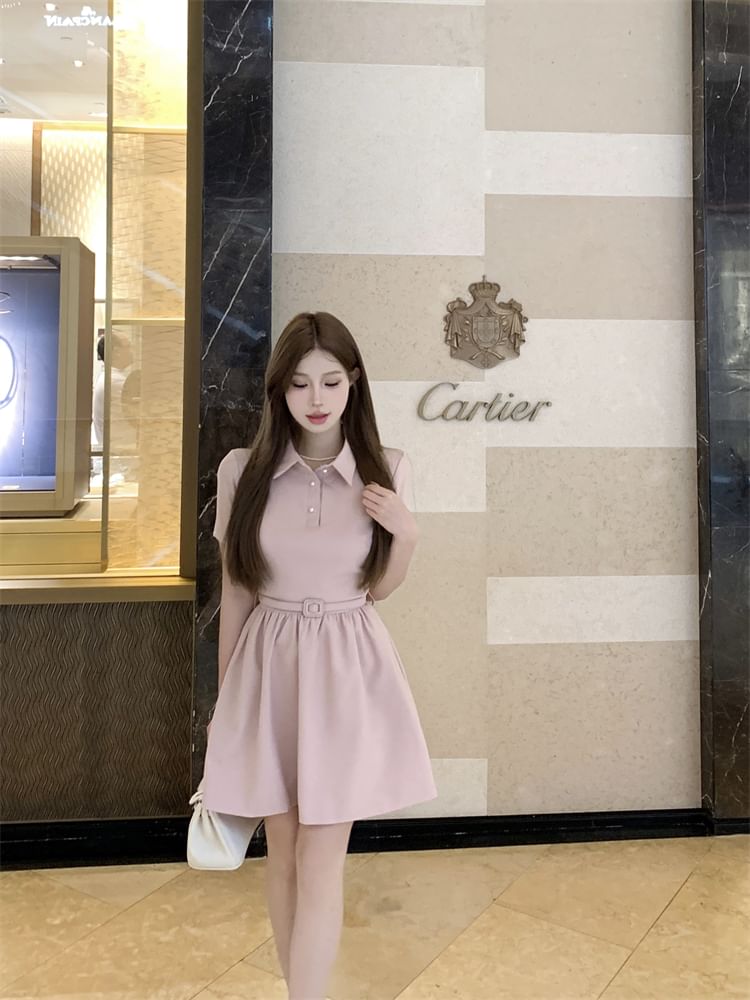 Short-Sleeve Collar Plain Mini A-Line Dress