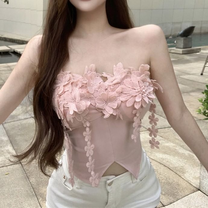 Plain Flower Detail Front-Slit Tube Top