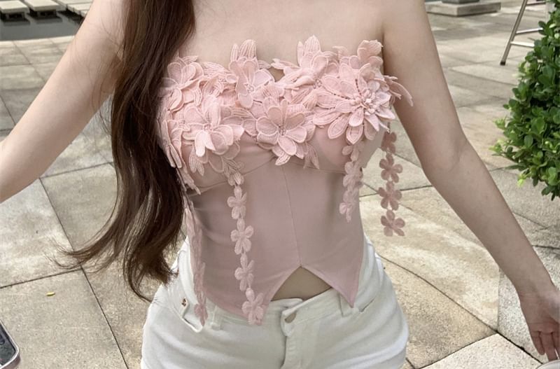 Plain Flower Detail Front-Slit Tube Top