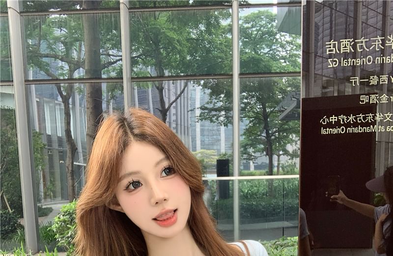 Short-Sleeve Square Neck Plain Lace Trim Tee