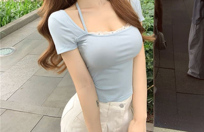 Short-Sleeve Square Neck Plain Lace Trim Tee