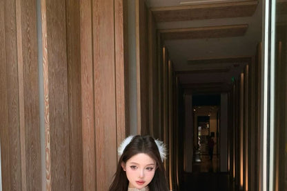 Puff-Sleeve Square-Neck Fishbone Lace Top / High Waist Balloon Shorts