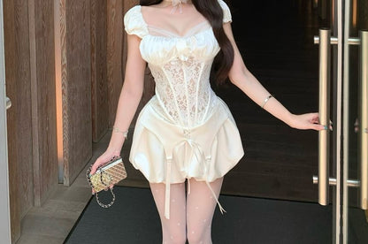 Puff-Sleeve Square-Neck Fishbone Lace Top / High Waist Balloon Shorts