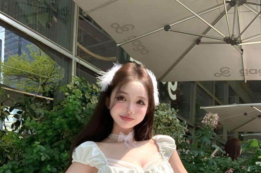 Puff-Sleeve Square-Neck Fishbone Lace Top / High Waist Balloon Shorts