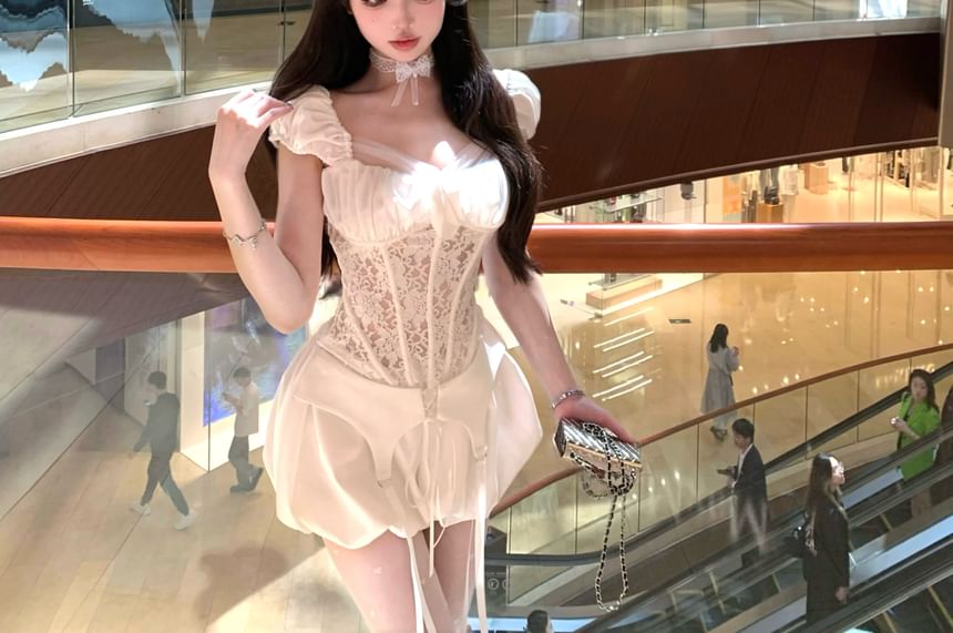 Puff-Sleeve Square-Neck Fishbone Lace Top / High Waist Balloon Shorts