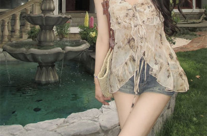 Floral Print Ruffled Bow Camisole Top