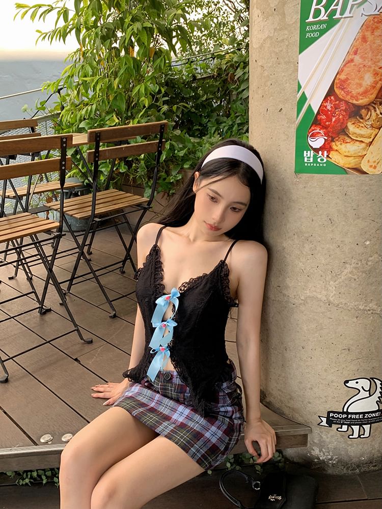 Lace Trim Bow Cutout Camisole Top