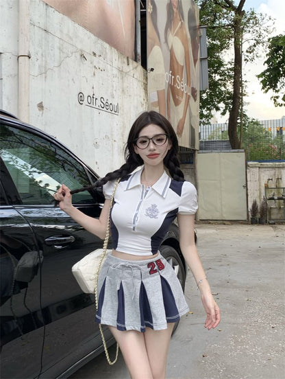 Short-Sleeve Logo Embroidered Crop Polo Shirt