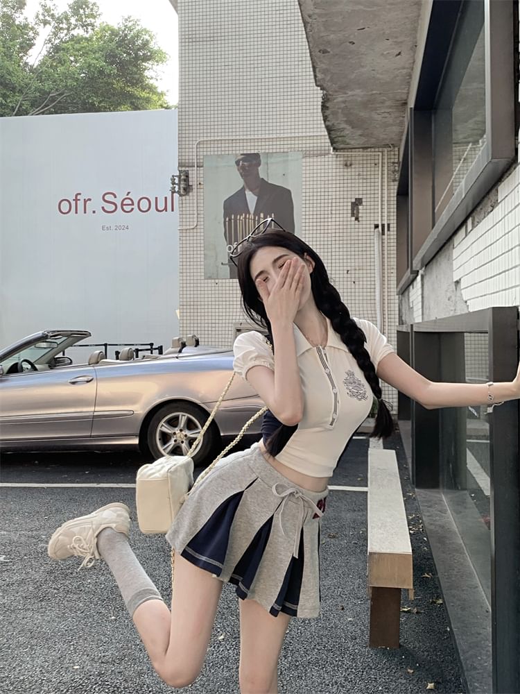 Short-Sleeve Logo Embroidered Crop Polo Shirt