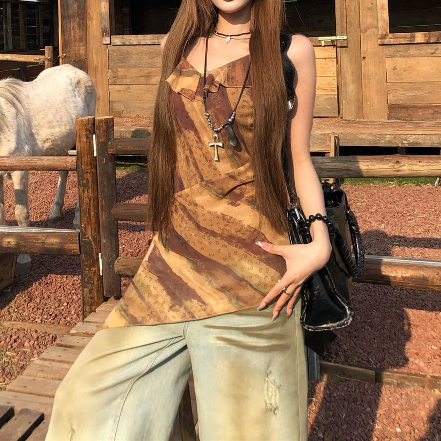 Printed Asymmetrical Ruffled Camisole Top