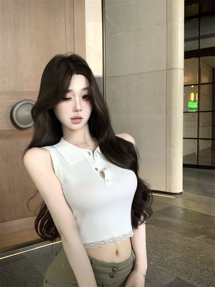 Sleeveless Plain Lace Trim Collared Top