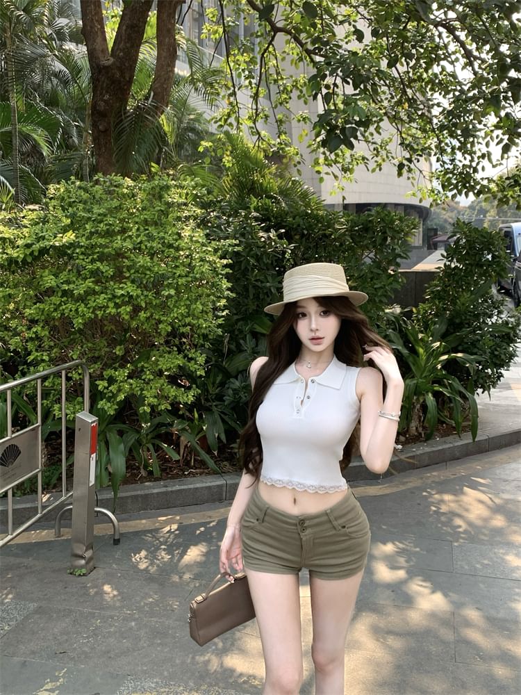 Sleeveless Plain Lace Trim Collared Top