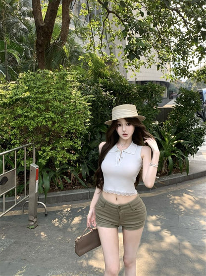 Sleeveless Plain Lace Trim Collared Top