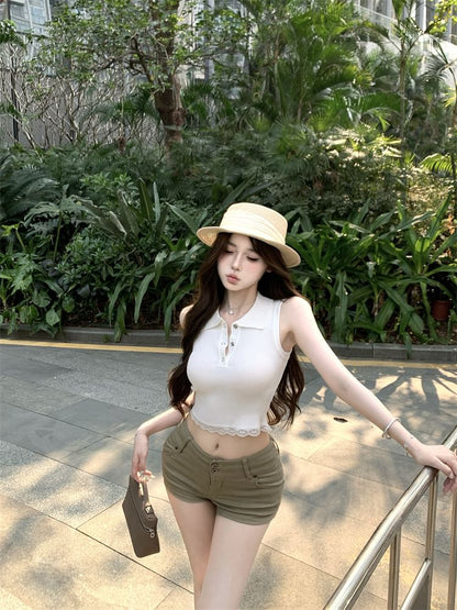 Sleeveless Plain Lace Trim Collared Top