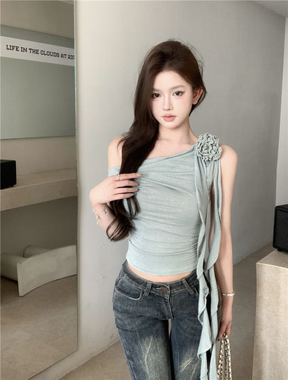 One-Shoulder Floral Plain Shirred Crop Top