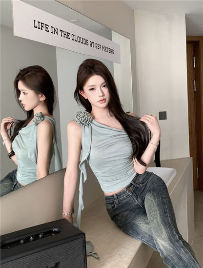 One-Shoulder Floral Plain Shirred Crop Top