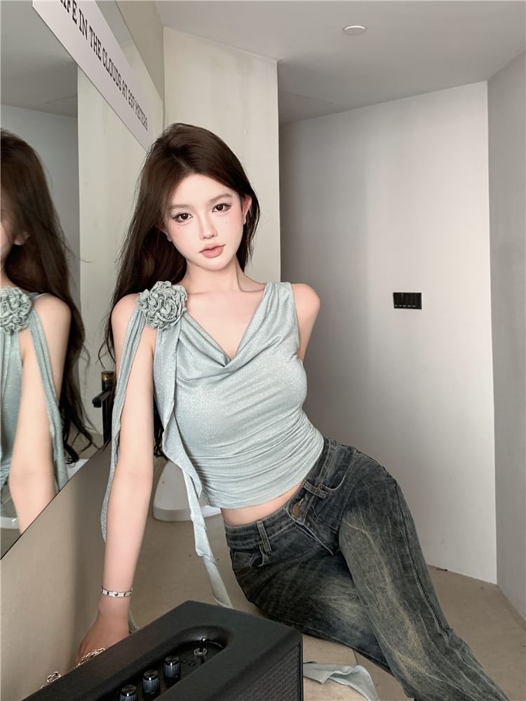 One-Shoulder Floral Plain Shirred Crop Top