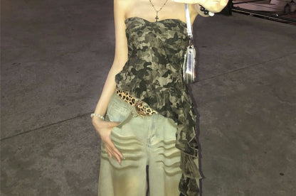 Asymmetrical Camo Print Ruffled Tube Top