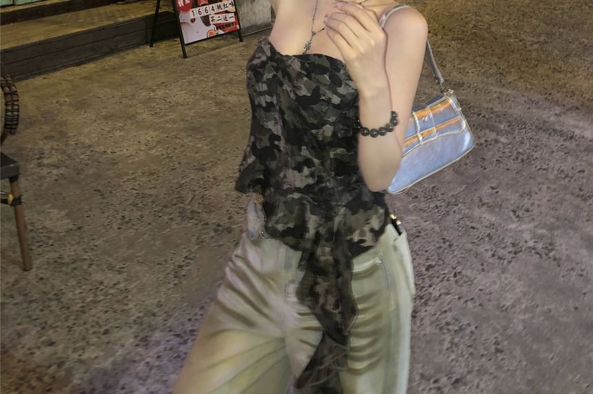 Asymmetrical Camo Print Ruffled Tube Top