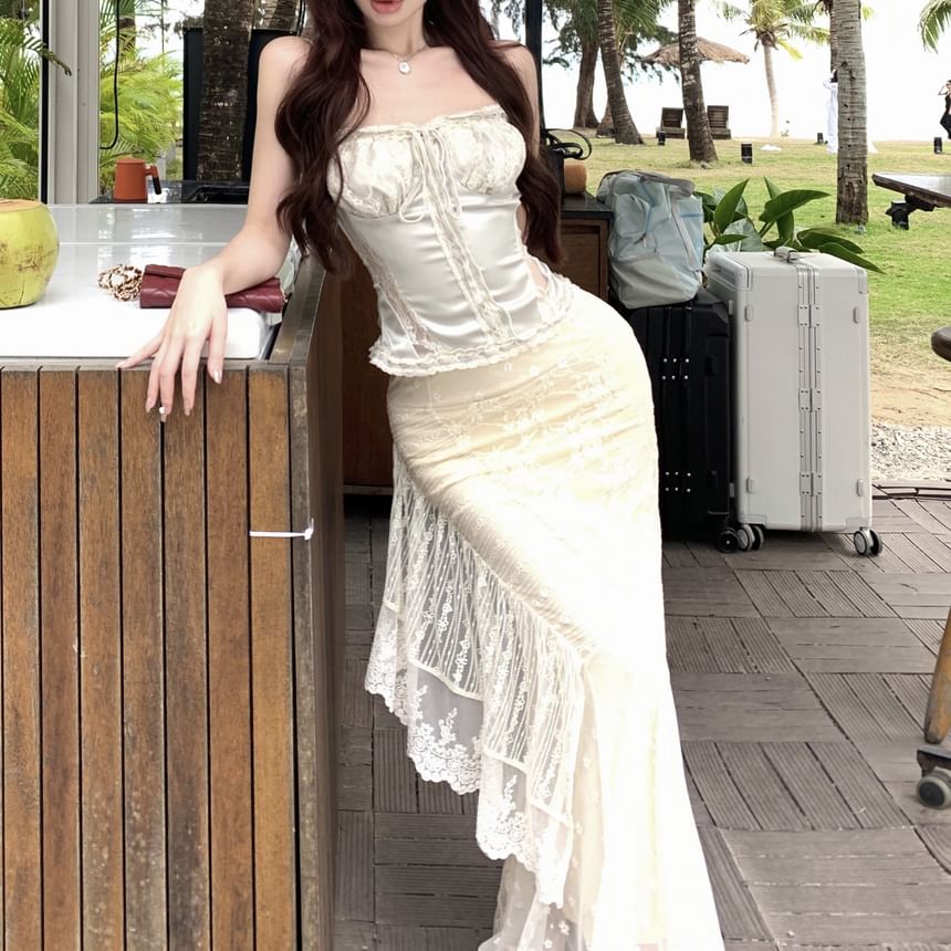 Lace Trim Drawstring Satin Camisole Top / High Rise Maxi Lace Fishtail Skirt