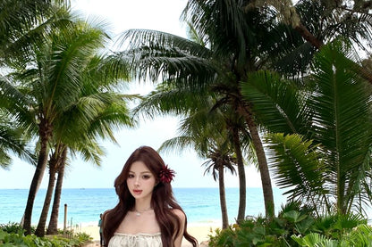 Lace Trim Drawstring Satin Camisole Top / High Rise Maxi Lace Fishtail Skirt