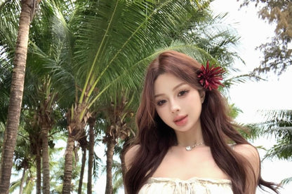 Lace Trim Drawstring Satin Camisole Top / High Rise Maxi Lace Fishtail Skirt