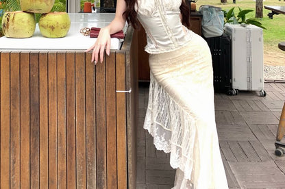 Lace Trim Drawstring Satin Camisole Top / High Rise Maxi Lace Fishtail Skirt