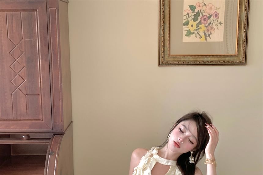 Set: Halter-Neck Plain Ruffled Mini A-Line Balloon Dress + Shorts