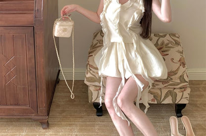 Set: Halter-Neck Plain Ruffled Mini A-Line Balloon Dress + Shorts