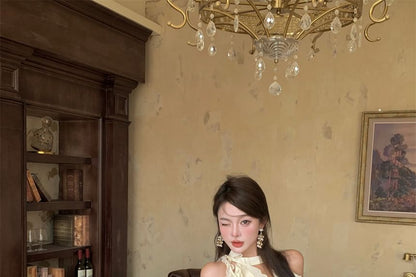 Set: Halter-Neck Plain Ruffled Mini A-Line Balloon Dress + Shorts