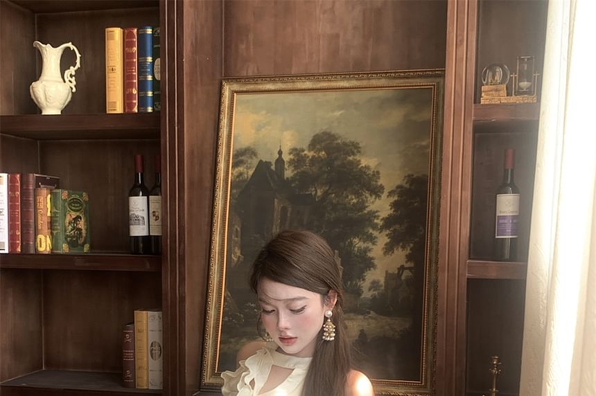 Set: Halter-Neck Plain Ruffled Mini A-Line Balloon Dress + Shorts