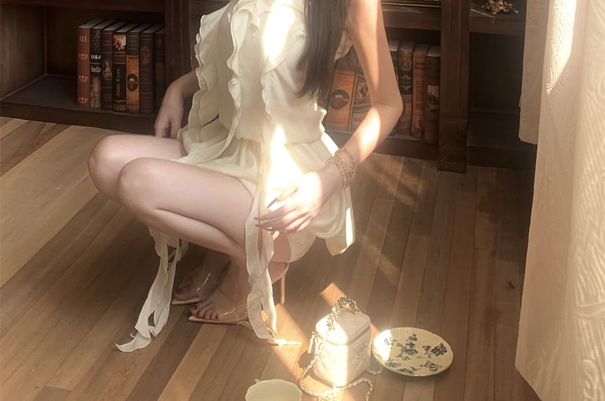 Set: Halter-Neck Plain Ruffled Mini A-Line Balloon Dress + Shorts