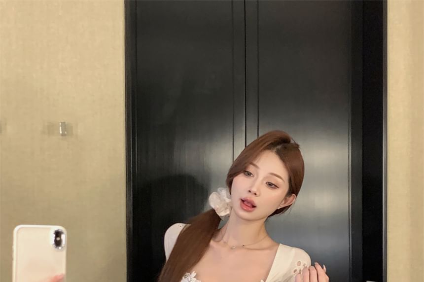 Short-Sleeve Square-Neck Floral Trim Mini A-Line Dress