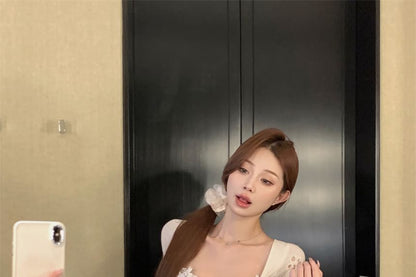 Short-Sleeve Square-Neck Floral Trim Mini A-Line Dress